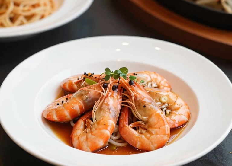 Close-up of a chef plating a gourmet pasta dish in an upscale kitchen.