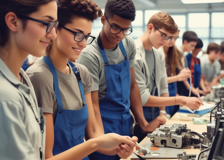 Students using tablets outdoors in a rural area, smiling and focused.