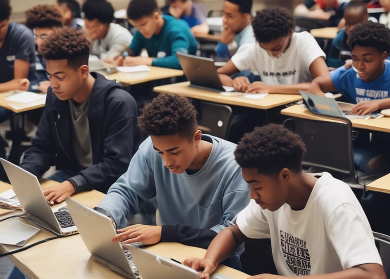 A group of diverse rural students engaged in a lively virtual classroom session on laptops.