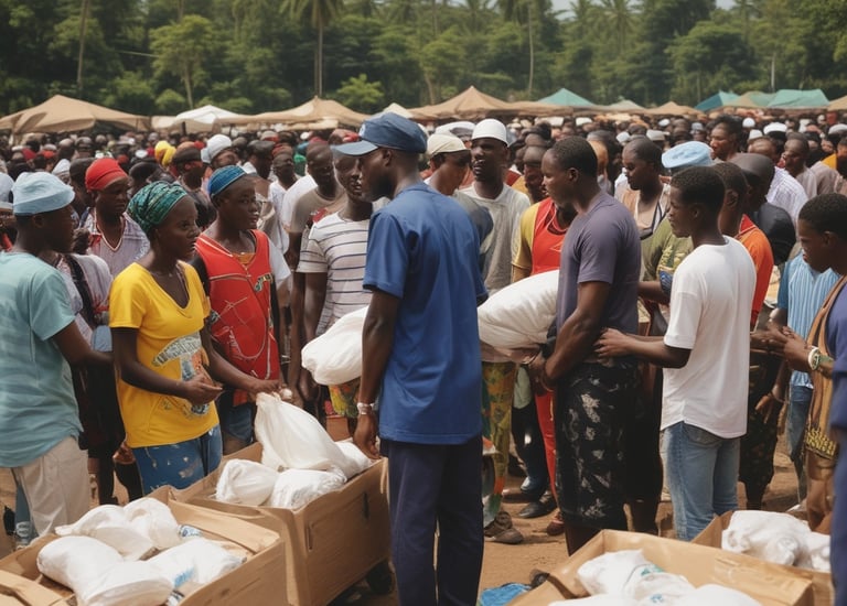 Volunteers distributing food and clothes in a community center
