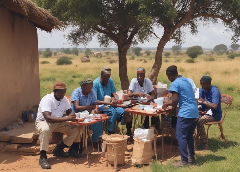 Volunteers providing medical aid in a rural village.