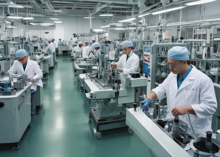 Industrial factory floor with machinery and workers.