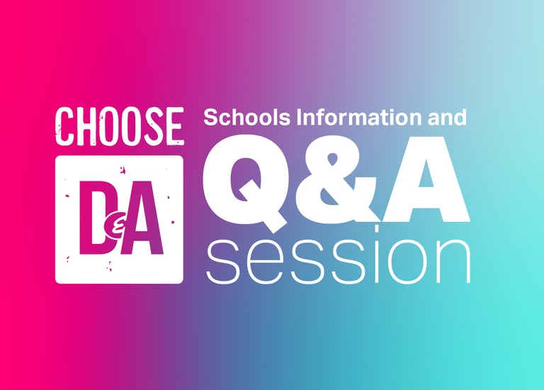 Pink and blue gradient background for Choose D&A Schools Information and Q&A session.