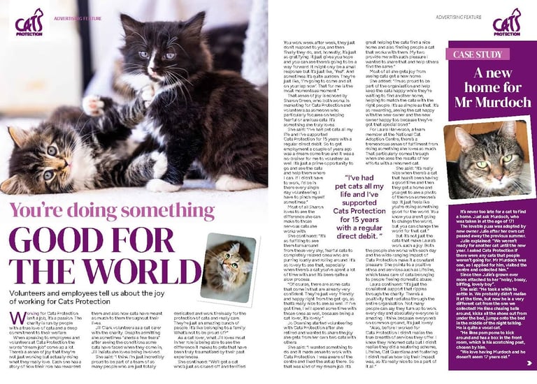 A magazine feature for Cats Protection showing a tuxedo cat and volunteers caring for rescue felines.