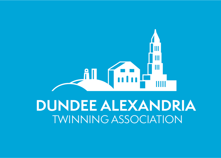 Dundee Alexandria Twinning Association logo featuring a white skyline on a blue background.