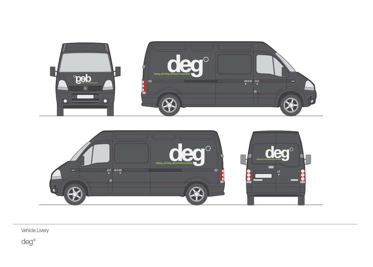 Custom vehicle livery design for a charcoal grey service van featuring the deg logo for heating and plumbing.