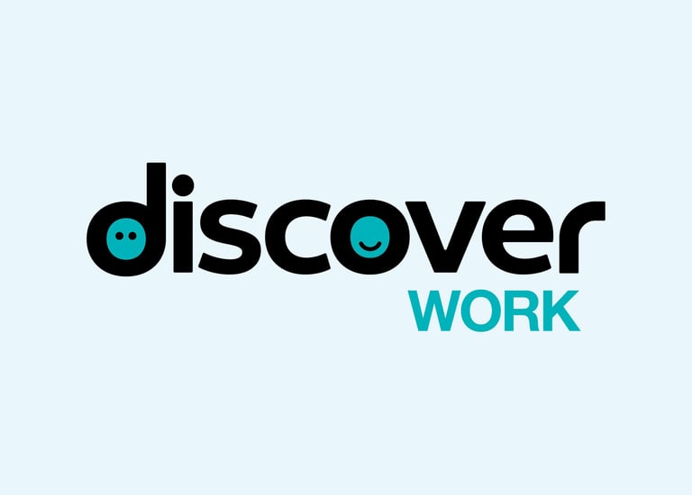 Discover Work logo with black text and teal smiley face icons on a light background.