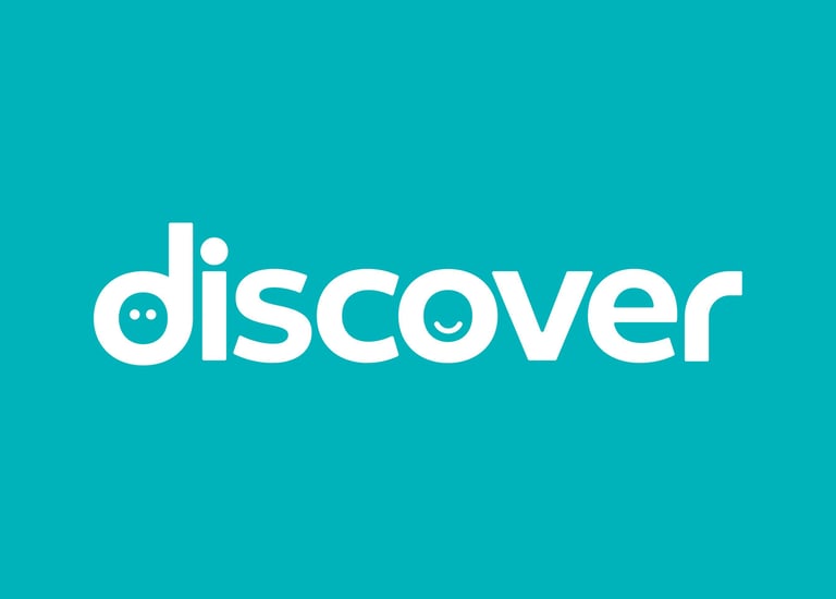 White lowercase word discover with smiley face icons on a solid teal blue background.