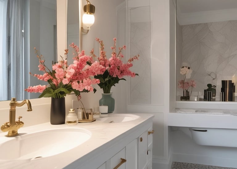 A glamorous bathroom featuring gold fixtures and elegant marble surfaces.