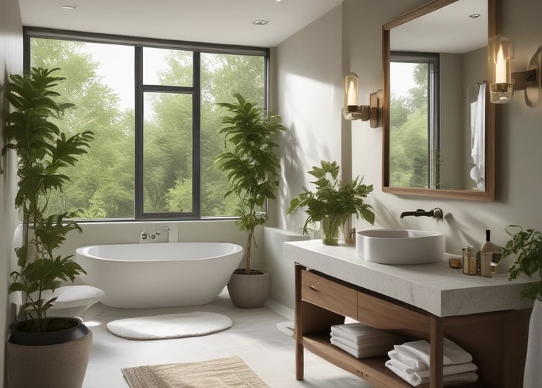 A serene luxury spa bathroom with soft lighting and natural stone accents.