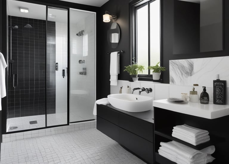A contemporary bathroom with clean lines, minimalist fixtures, and bright lighting.