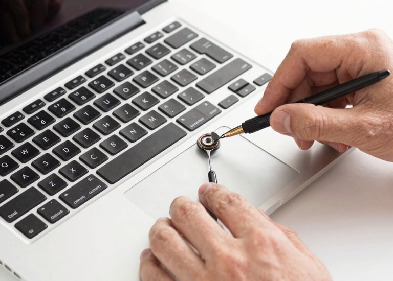Technician carefully repairing a business laptop with visible circuit board.