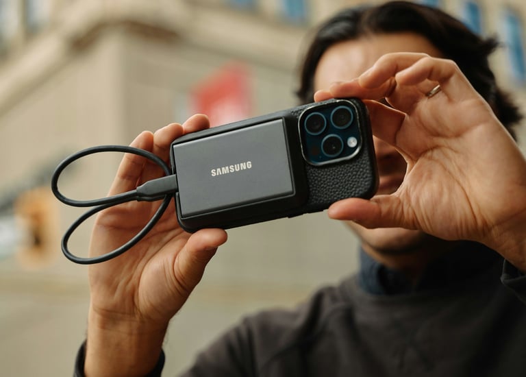 A video creator filming with an iPhone using an attached external Samsung SSD
