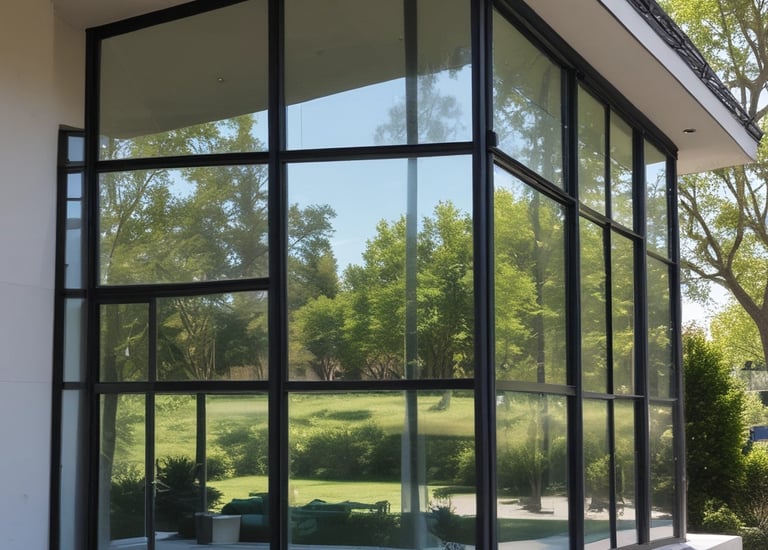 A stylish conference room showcasing decorative window films with geometric patterns.