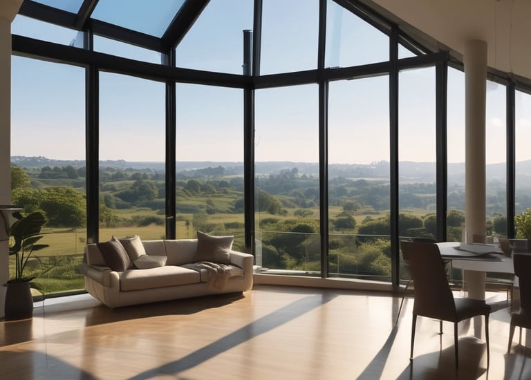 An office space with tinted windows reducing glare on computer screens.