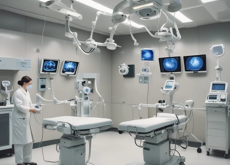 A team of engineers collaborating over a medical device prototype in a bright lab.