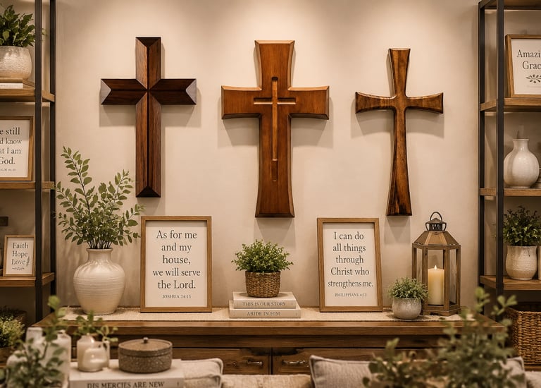 Wooden wall crosses displayed in church gift shops, Christian bookstores, and seasonal religious hom