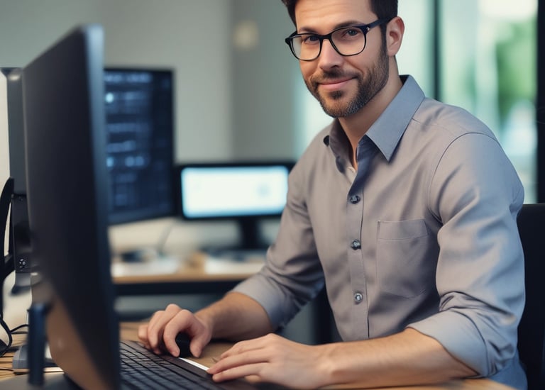 Close-up of hands typing on a laptop with code and charts on screen.