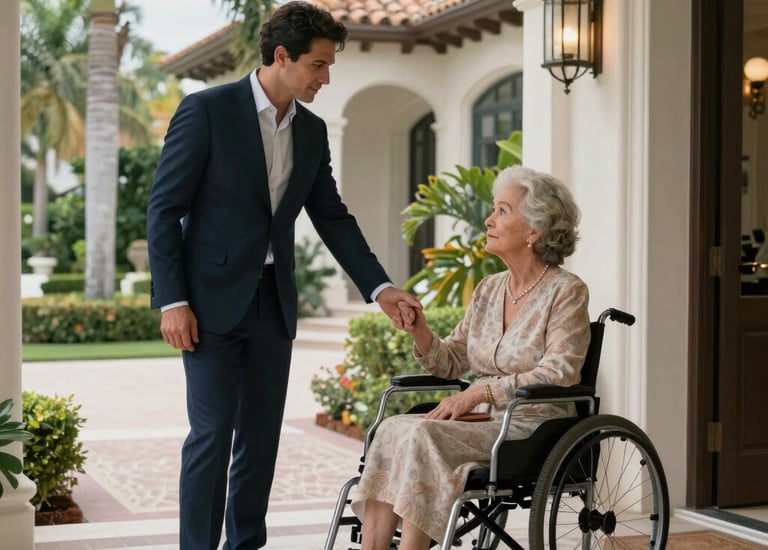 A friendly companion sharing a warm conversation with a smiling senior in a cozy living room.