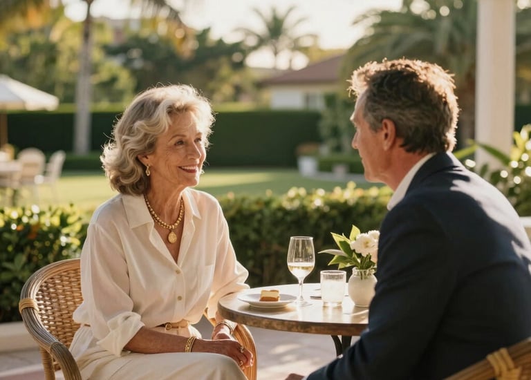 A companion and senior enjoying a peaceful walk together in a South Florida park.