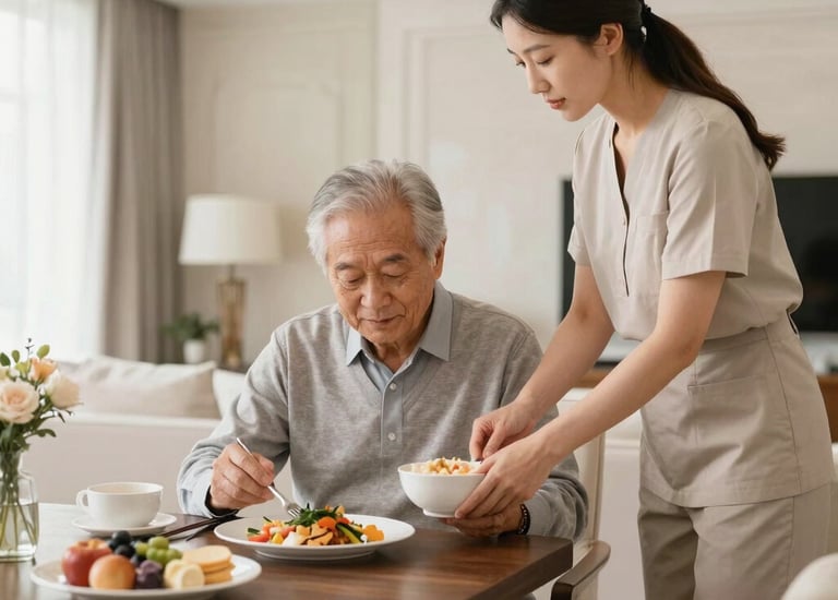 A companion helping a senior prepare a simple meal in a bright kitchen.