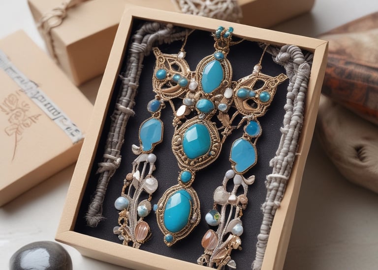 Collar artesanal llamativo en turquesa y detalles dorados, presentado en una caja de regalo elegante