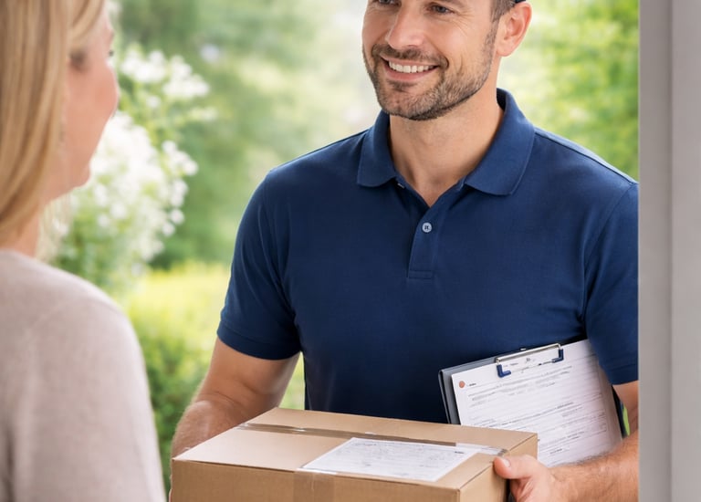 Smiling delivery man in blue uniform handing a cardboard package to a customer at the doorstep.