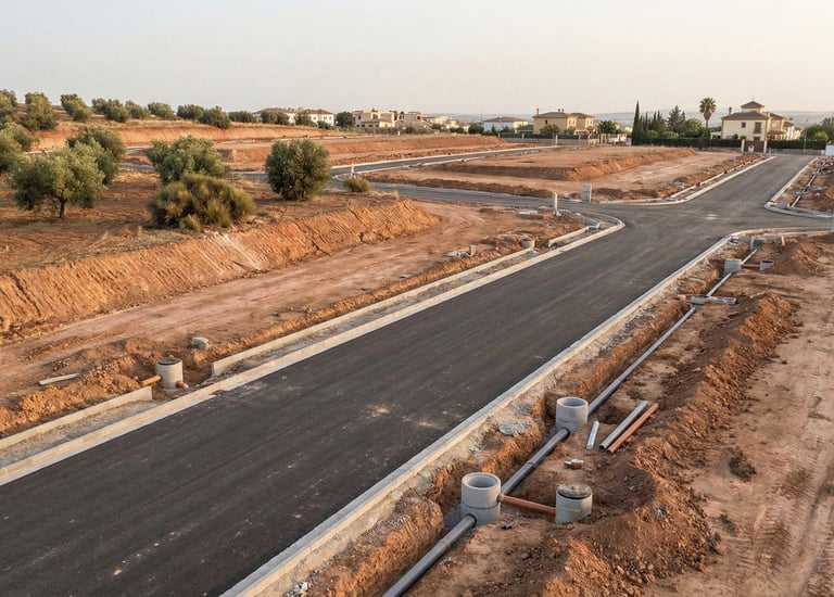 Urbanización en ejecución en Sevilla con viales y redes de saneamiento planificadas técnicamente.