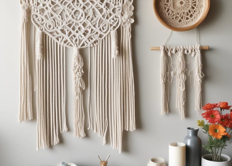 Close-up of hands weaving a delicate bohemian macrame wall hanging