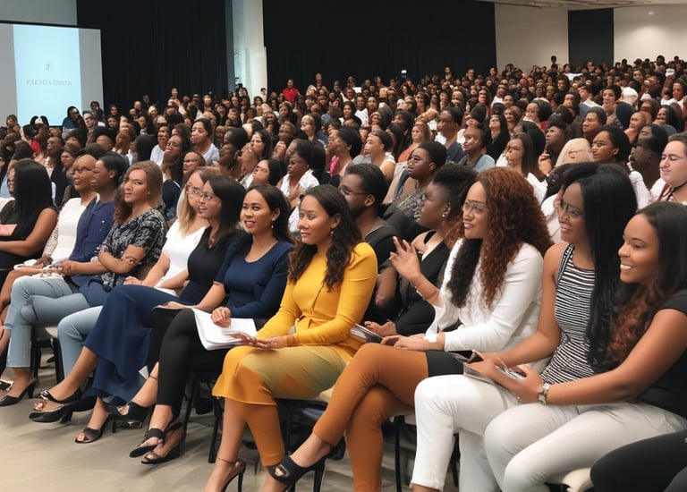 A group of women celebrating success with purple and gold decorations.