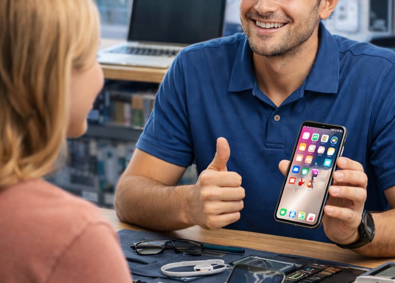 Técnico sonriente mostrando un teléfono inteligente reparado a un cliente en un taller de reparación