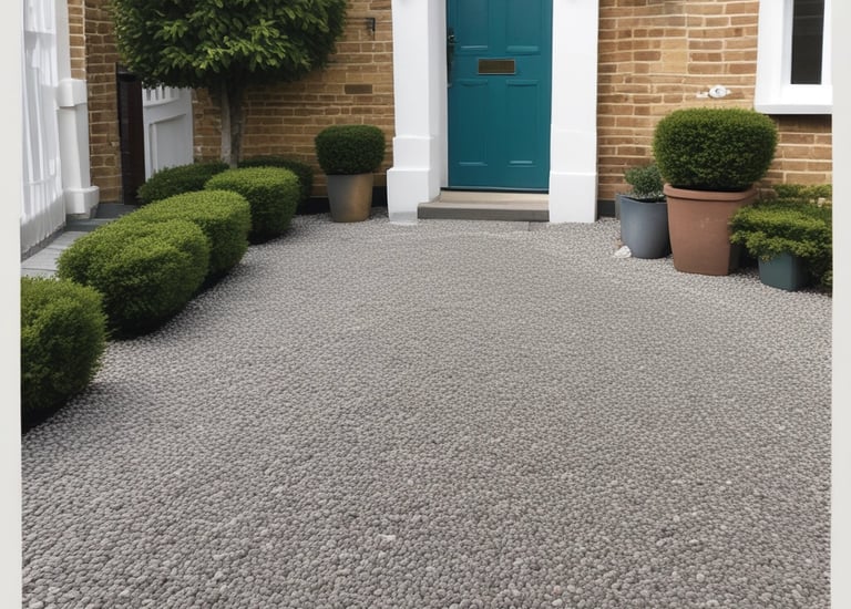 A gravel driveway bordered by neat hedges in front of a classic UK cottage.