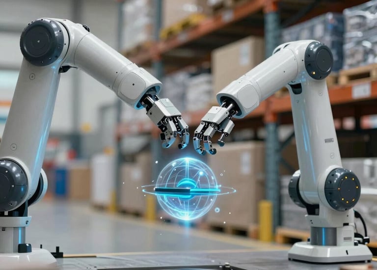 Hands holding a transparent tablet displaying robotics data in blue hues.