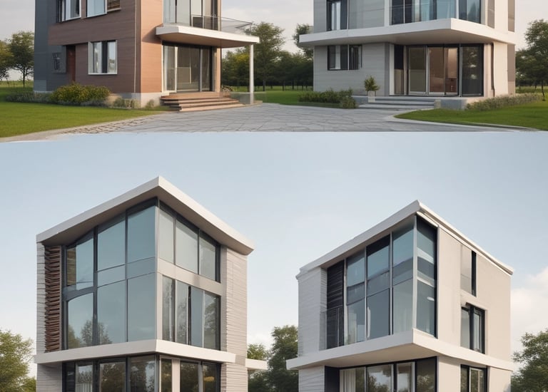 Side view of a sleek prefab house with large panoramic windows.