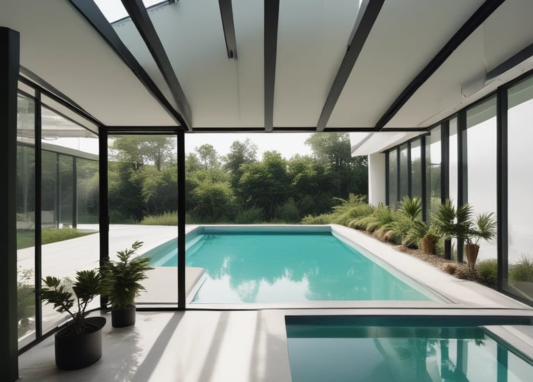 Modern minimalist prefab house exterior with metal structure under clear blue sky.