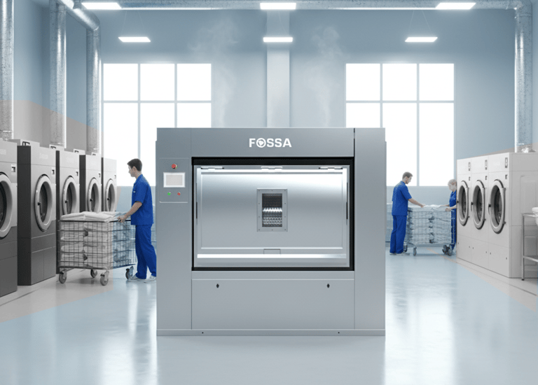 Staff using industrial washing machines and a large FOSSA commercial laundry extractor in a clean facility.
