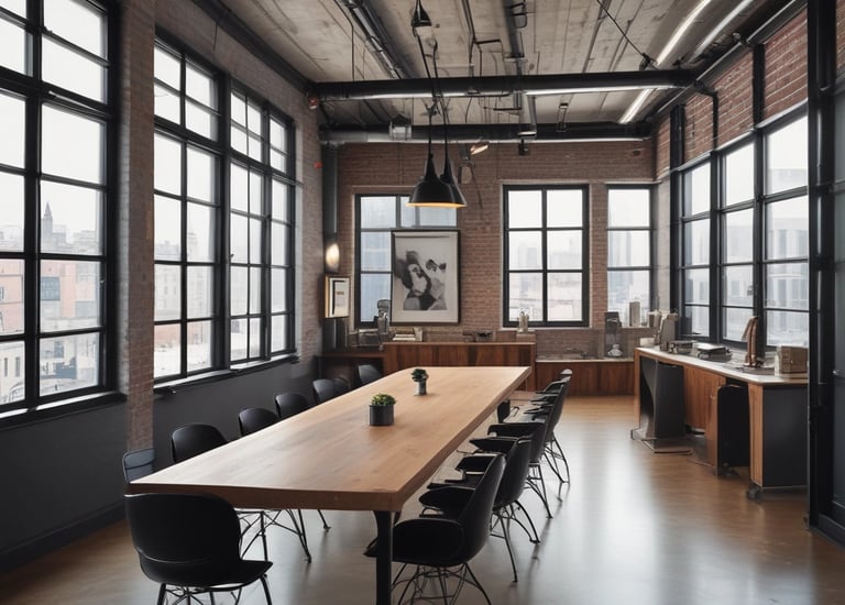 Commercial space featuring custom-designed metal and wood furnishings.