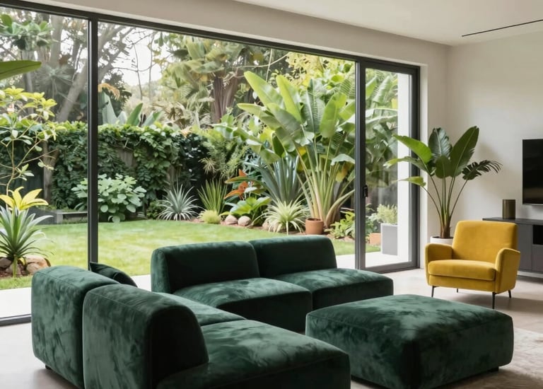 Interior shot of a bright, freshly renovated living room with navy and gold accents.