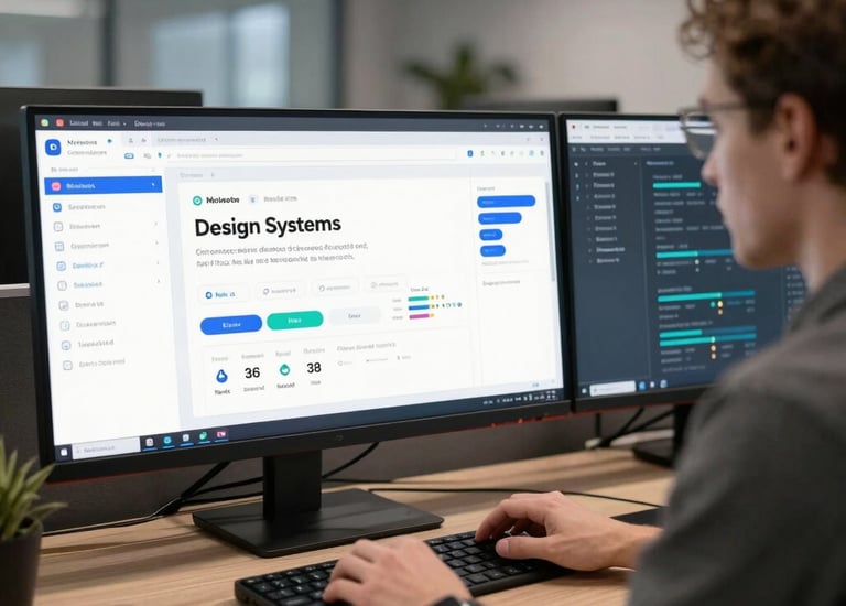 Developer workspace with multiple screens displaying Node.js backend code and frontend UI mockups.