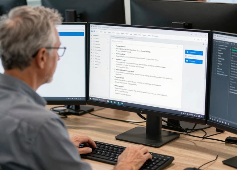 Developer workspace with multiple screens displaying Node.js backend code and frontend UI mockups.