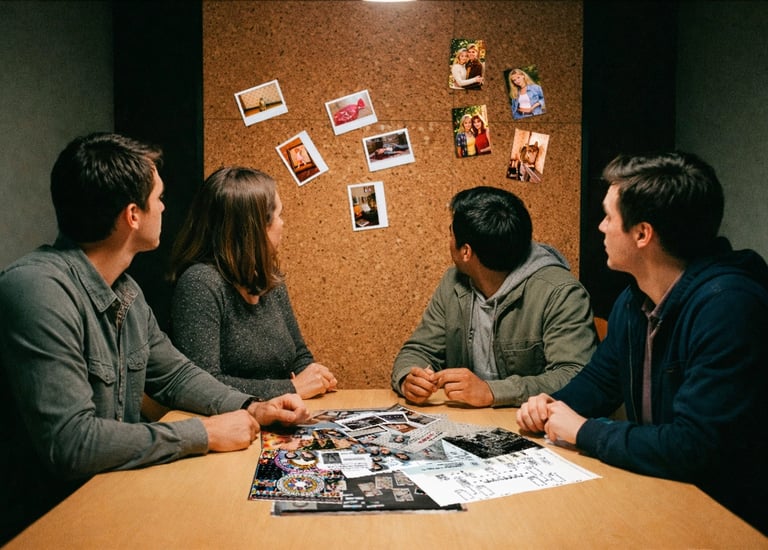Four friends, two men and two women, collaborate around a table, engaged in a mystery game or escape room scenario with