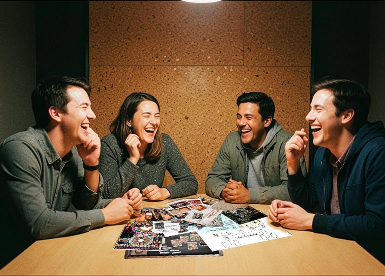 Diverse friends laughing together at a table while playing a creative board game.