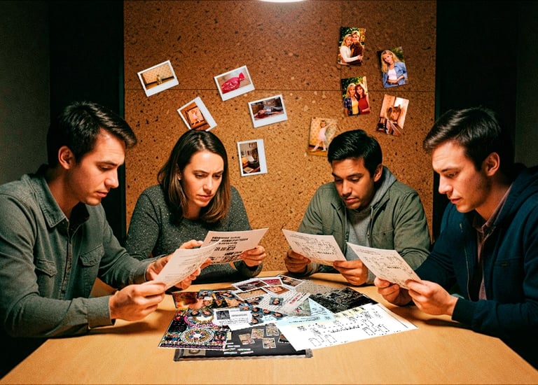 A group of friends solves a murder mystery board game together with case files and photos.