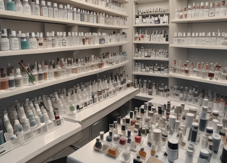 Two pharmacists wearing lab coats and masks organize medical supplies in a pharmacy setting.