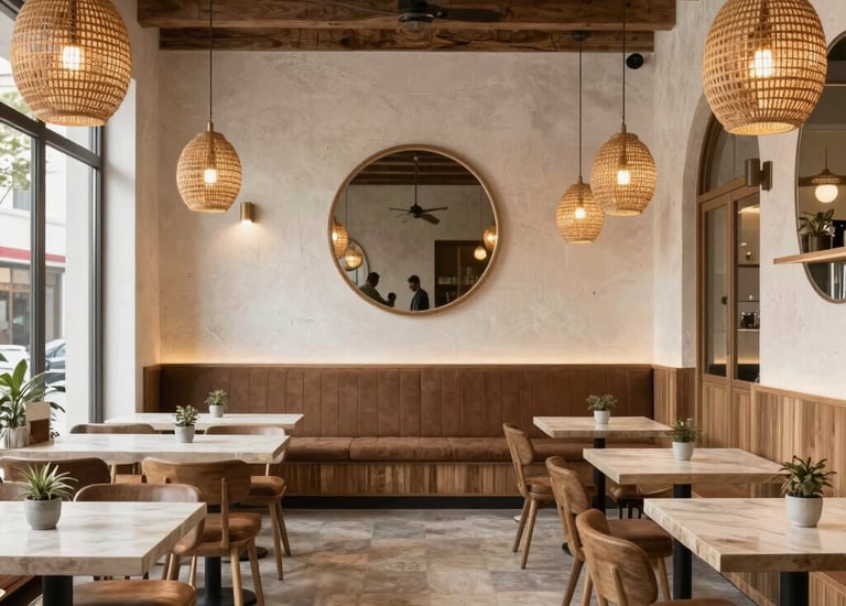Seating area featuring industrial furniture and concrete textures.