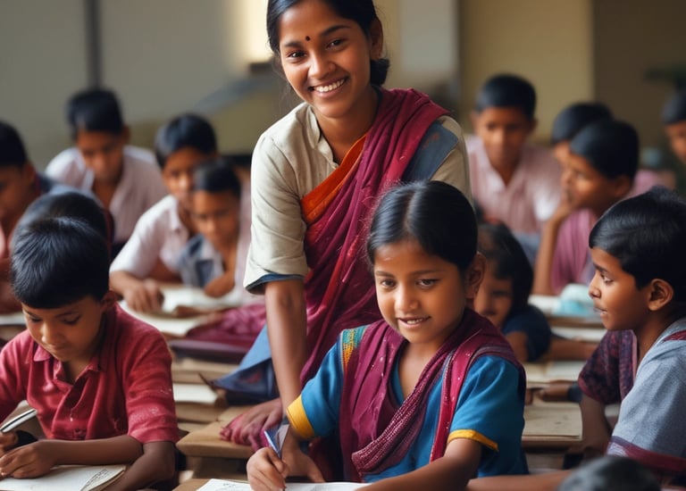 Children attending a literacy class in a rural village