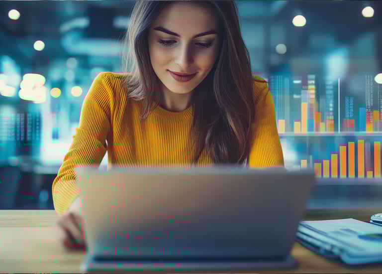 A female data analyst works on a laptop with holographic financial charts and business graphs overlay.