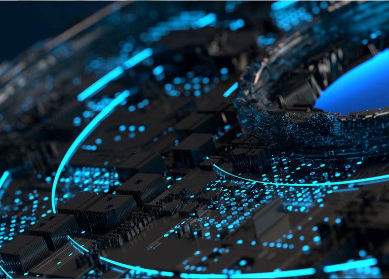 Macro view of a futuristic blue circuit board with glowing data lines and digital microchips.