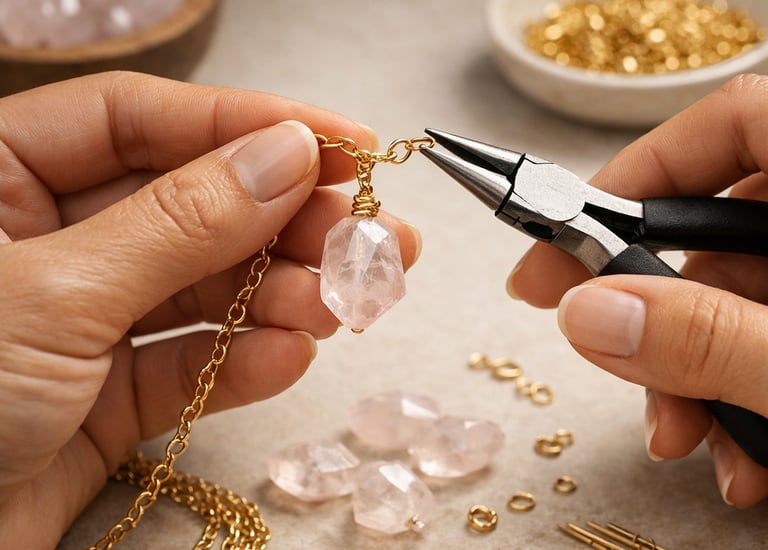 Bisutería con colgante de cuarzo rosa y cadena de oro.