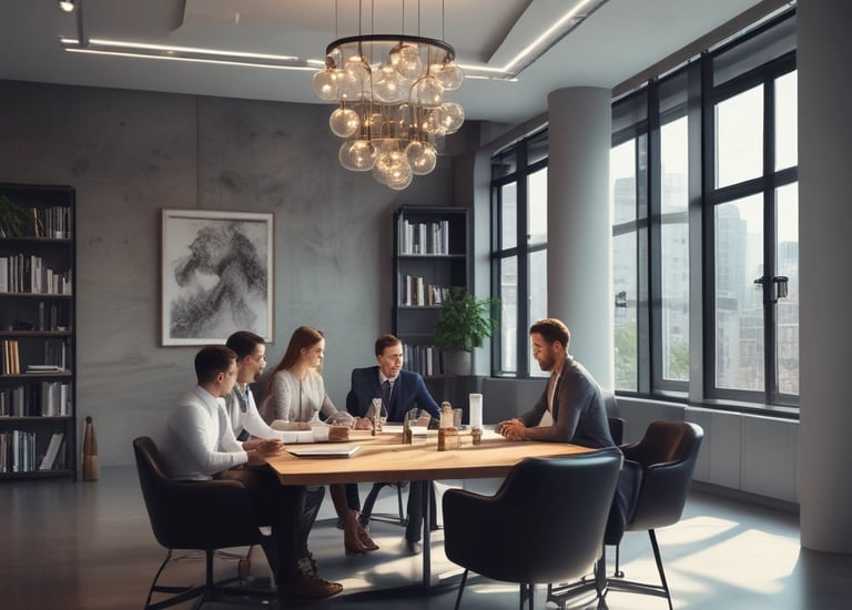 A recruiter reviewing resumes with a warm teal background.